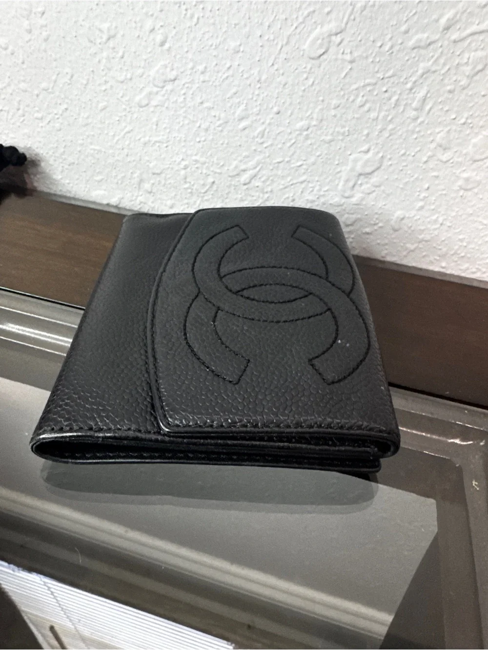 CHANEL Black Textured Caviar Leather Card Wallet with Interlocking CC